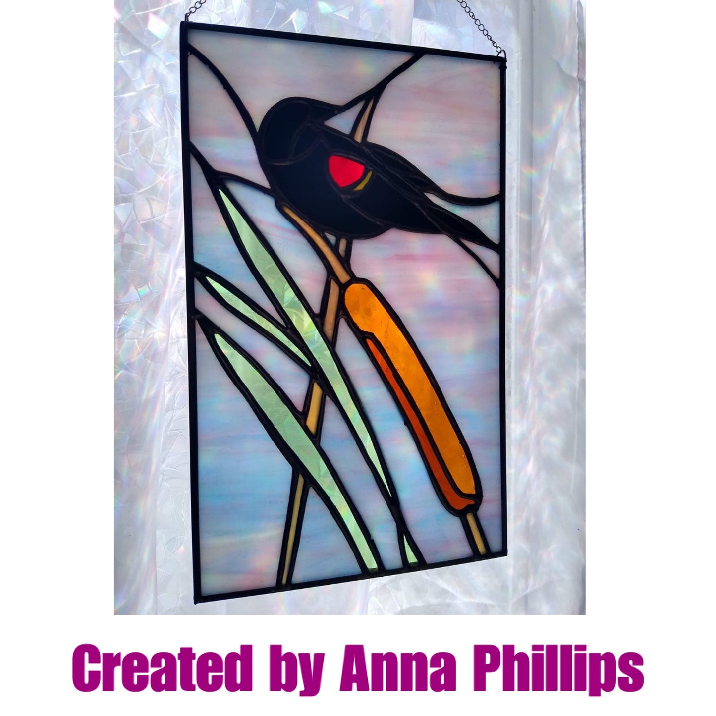 BIRD N' CATTAIL • Red-Winged Blackbird • Stained Glass Pattern • Digital Download