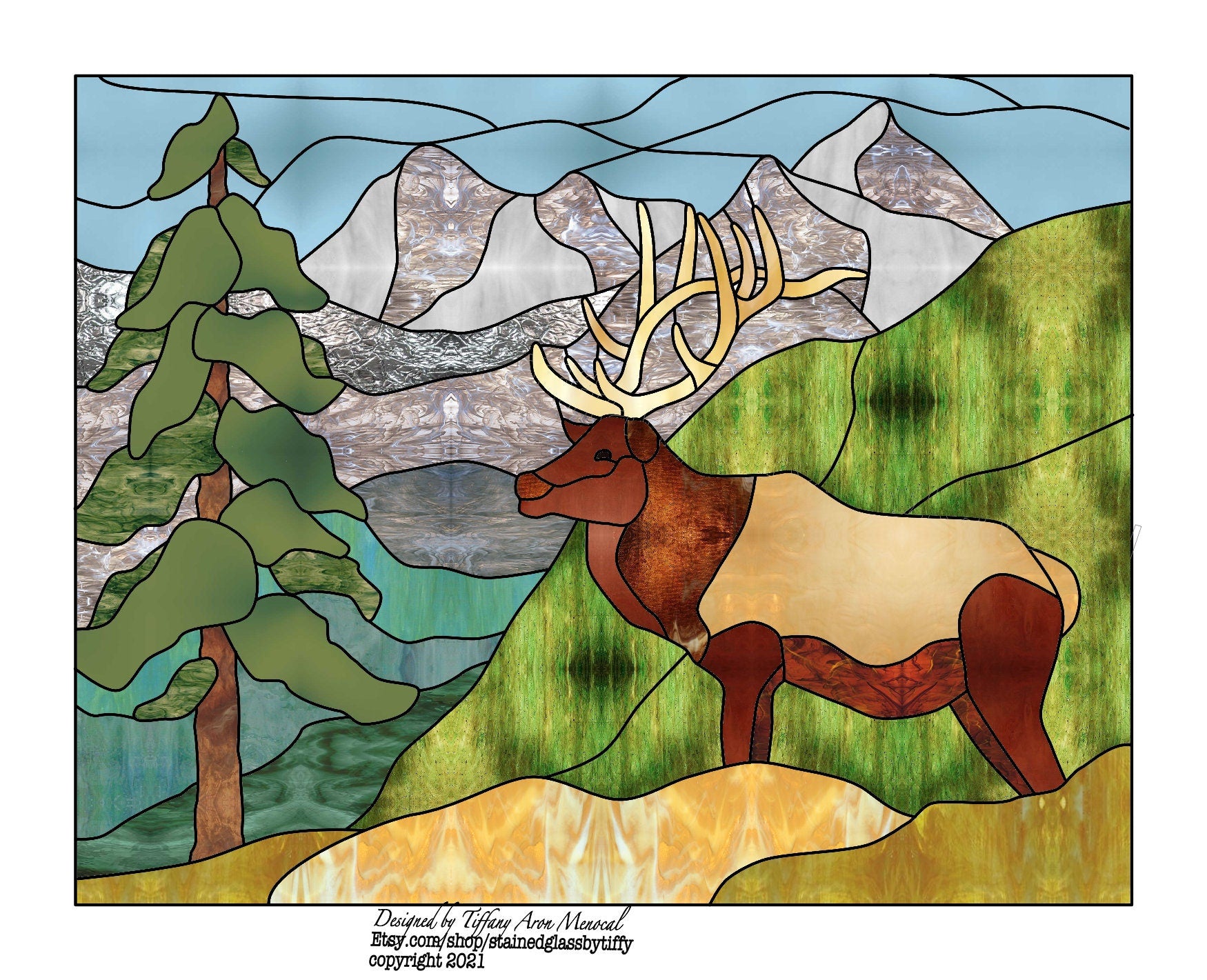 Elk in mountains Stained Glass Pattern Digital Download '